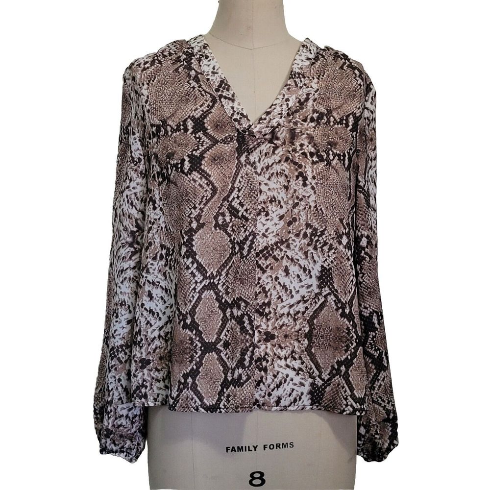 Shein Shirt Womens L Beige/ Black Snake Print Animal Print V-Neck Blouse